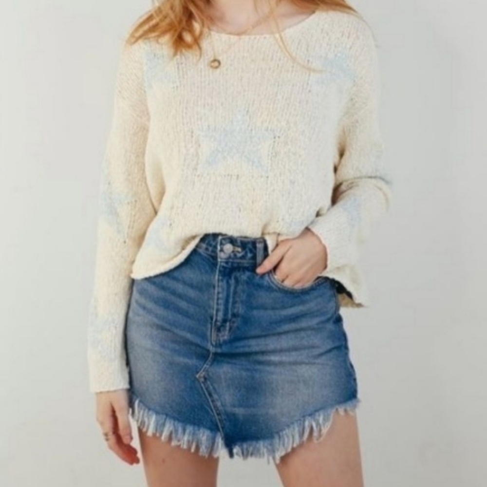We The Free People Bailey Indigo Wash Frayed Jean Skirt sz 25